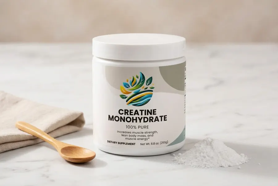 A clear frosted cylindrical tub of creatine monohydrate supplement powder centered on a smooth kitchen counter next to a f...