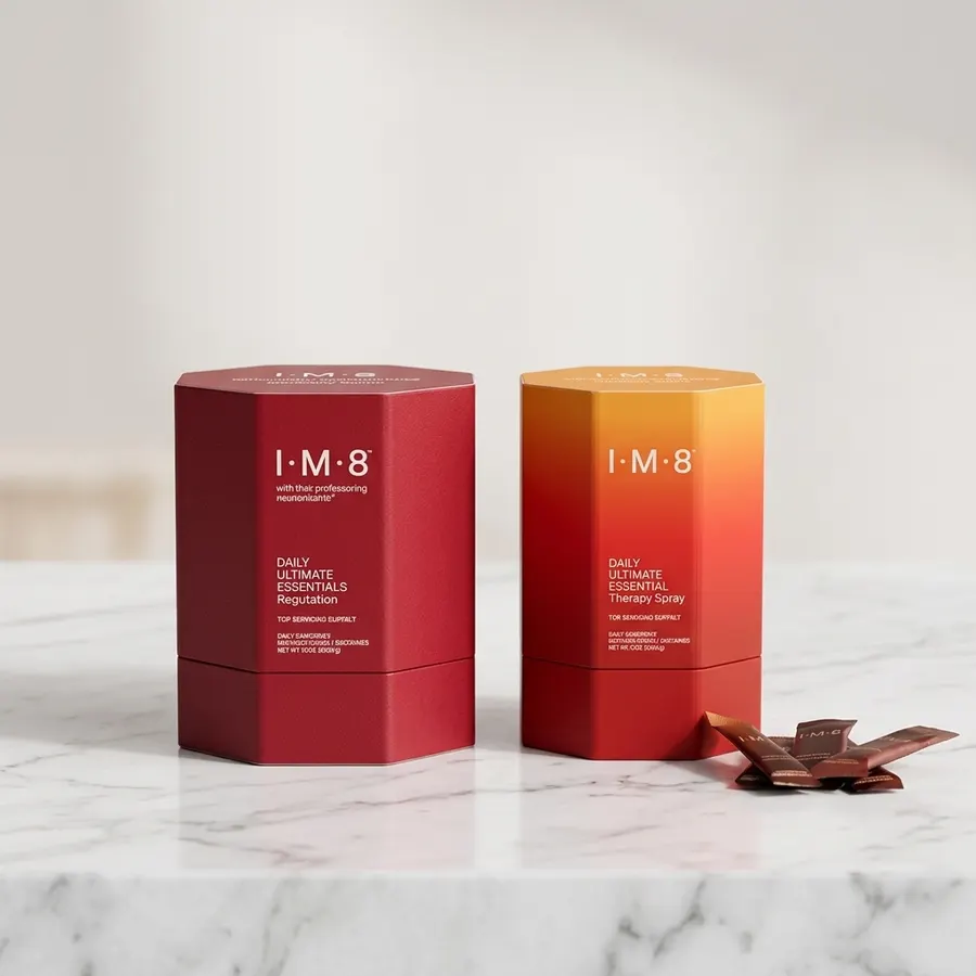 A sleek monthly supply box of premium supplement sachets next to a coffee cup on a kitchen counter, warm morning light, cl...