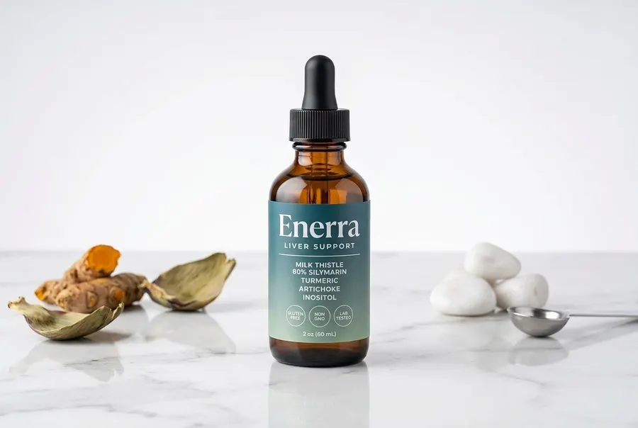 A frosted glass dropper bottle of liver support supplement standing upright on a clean bathroom counter next to a toothbru...