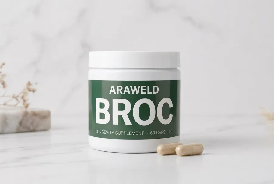 A frosted white supplement bottle of sulforaphane capsules centered on a kitchen counter next to a ceramic coffee mug and ...
