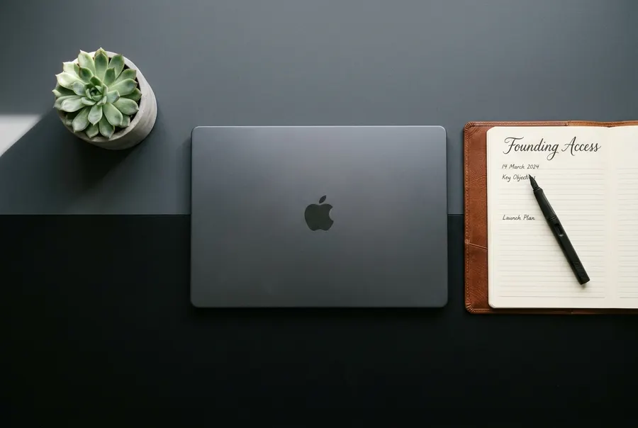 A clean minimalist workspace viewed from above (top-down ), a single laptop centered with its screen closed, a leather-bou...