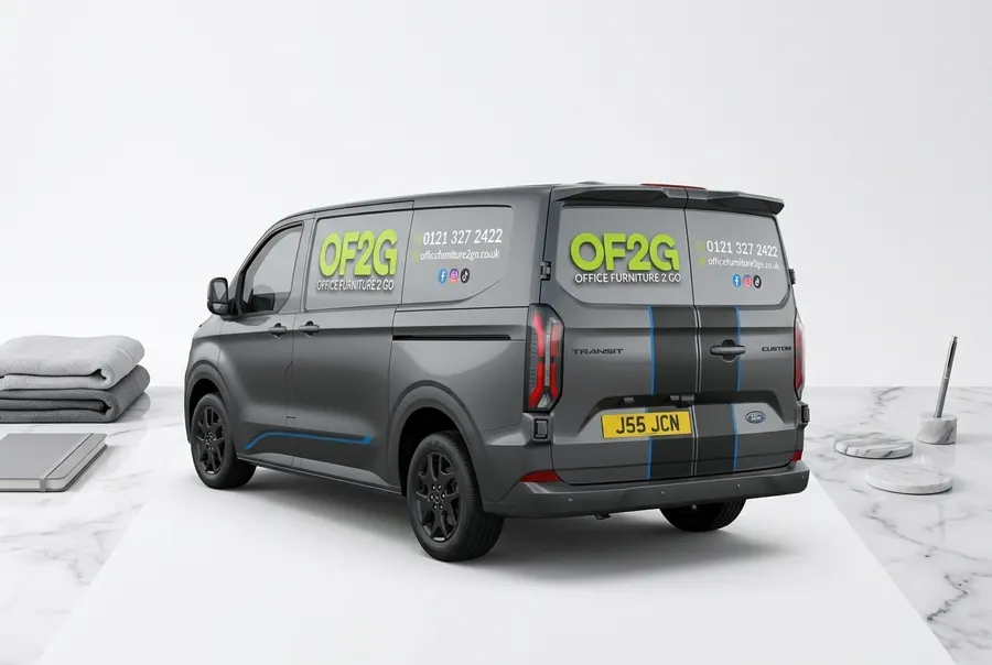 A professional custom-cut magnetic van sign on a seamless black backdrop (#000000) in clean studio light, positioned at a ...