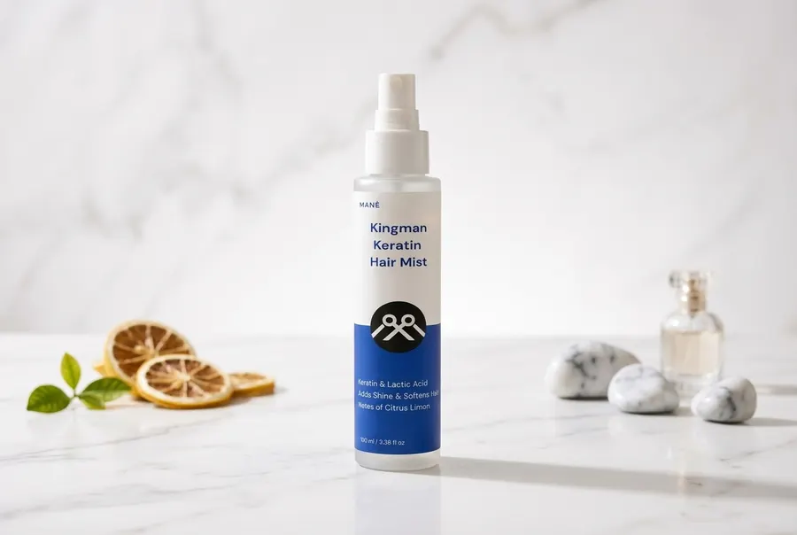 A frosted glass spray bottle of keratin leave-in hair mist standing upright on a bathroom shelf next to a coffee mug, brig...