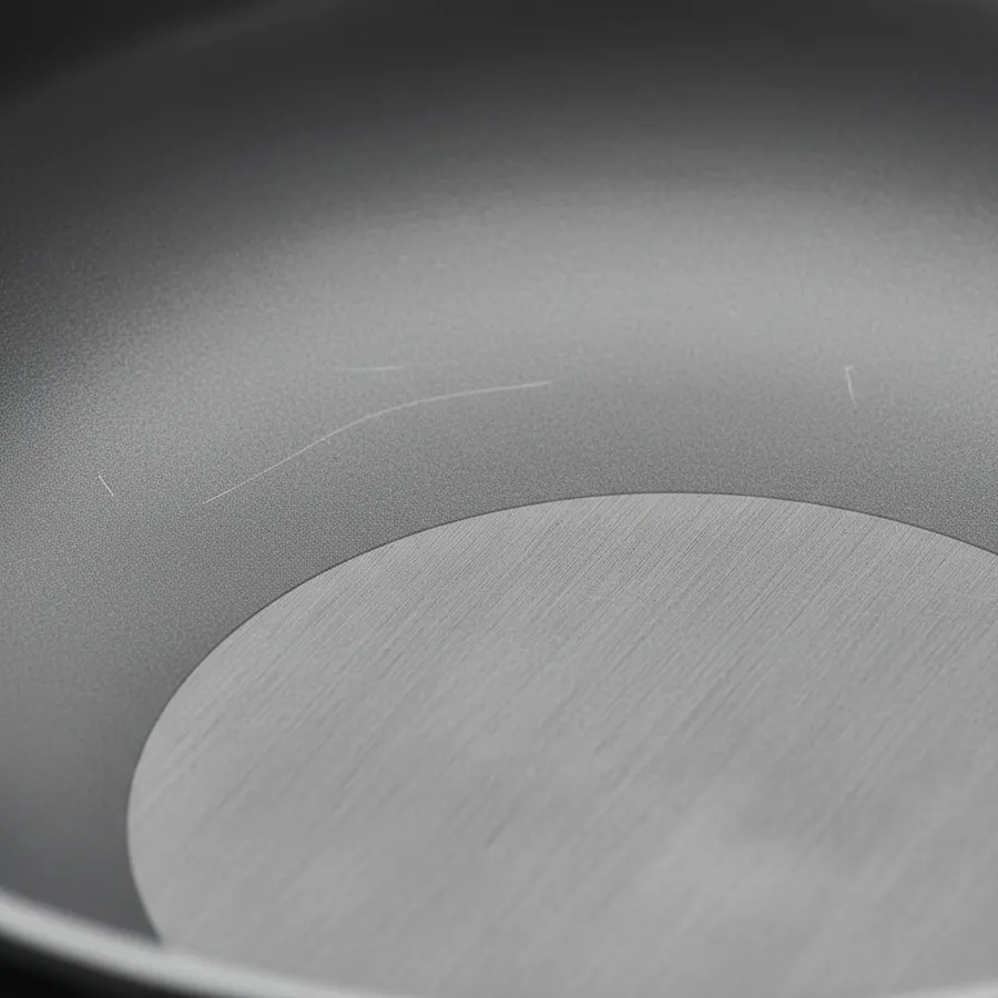 Extreme close-up macro shot of a titanium cookware pan's cooking surface, showing the smooth, integrated titanium layer bo...