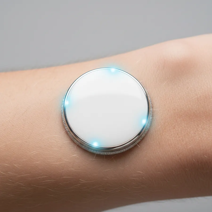 Close-up macro shot of small circular biosensor device on upper arm skin, wireless connectivity implied through soft glowi...