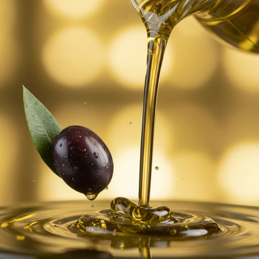 Extreme macro close-up of fresh olive oil being poured, golden-green liquid catching light mid-stream, a single fresh oliv...