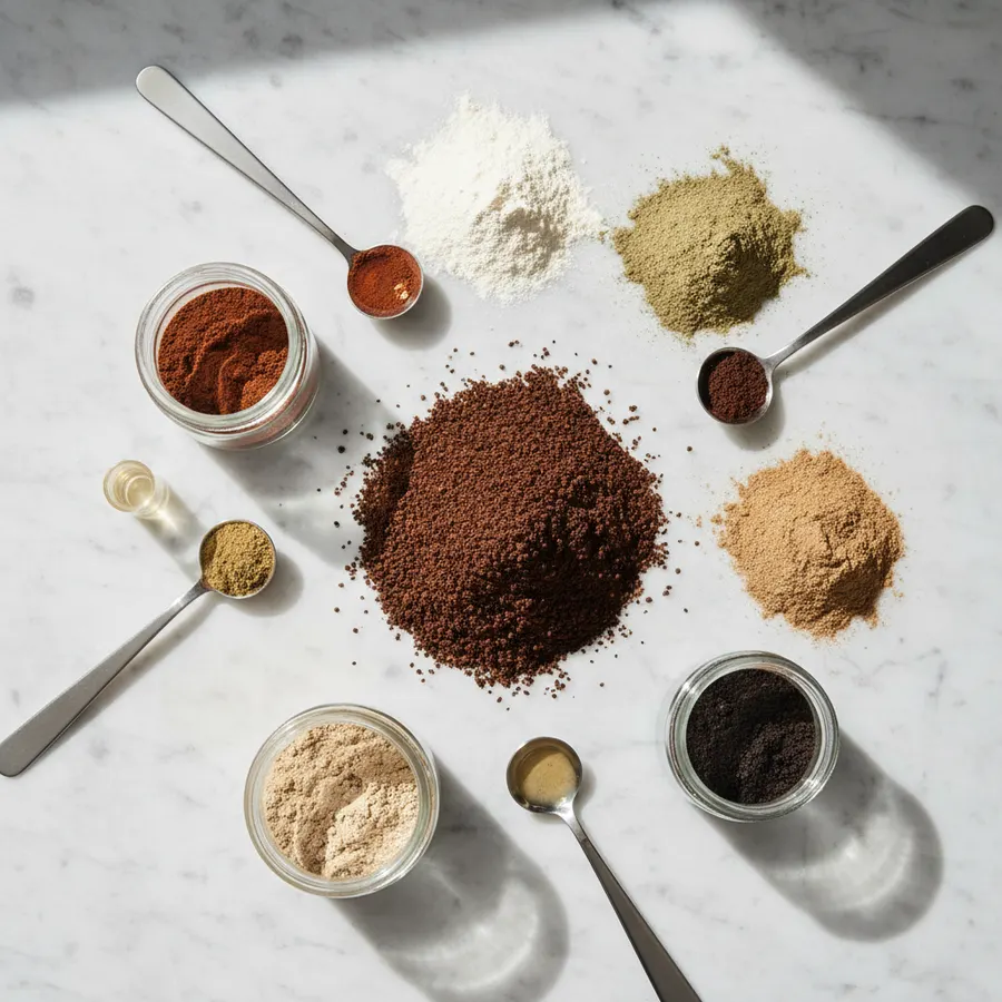Close-up flat lay of Wonder Coffee Starter Pack contents: coffee grounds, mushroom extracts in glass jars, powder ingredie...