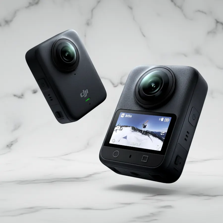 Close-up macro shot of Osmo 360 spherical sensor capturing light rays from all directions simultaneously, with crystalline...