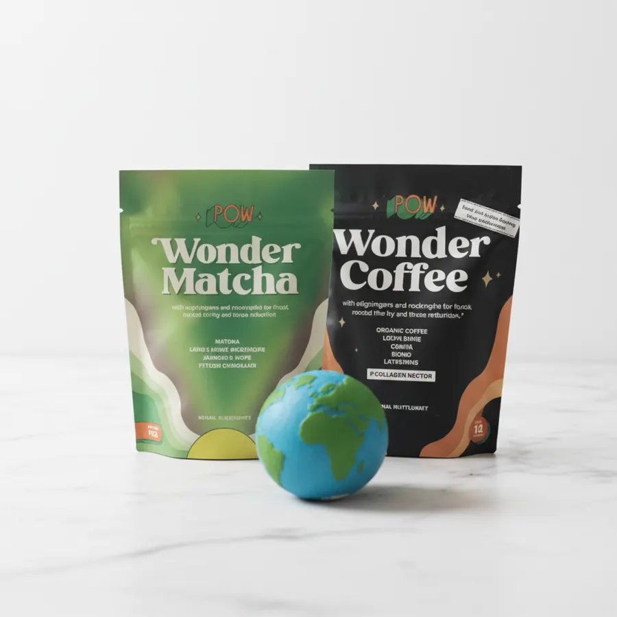 Close-up of Wonder Coffee Starter Pack sachets arranged artfully with coffee beans and mushroom pieces, warm highlighting ...