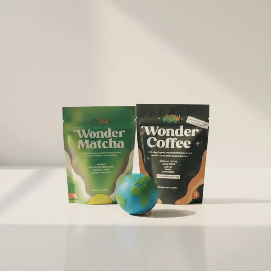 Flat-lay of Wonder Coffee Starter Pack components arranged artfully on natural wood surface with soft diffused lighting, s...