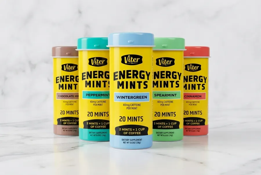 A frosted metal tin of caffeine energy mints resting on a clean marble bathroom counter beside a toothbrush and a small pl...