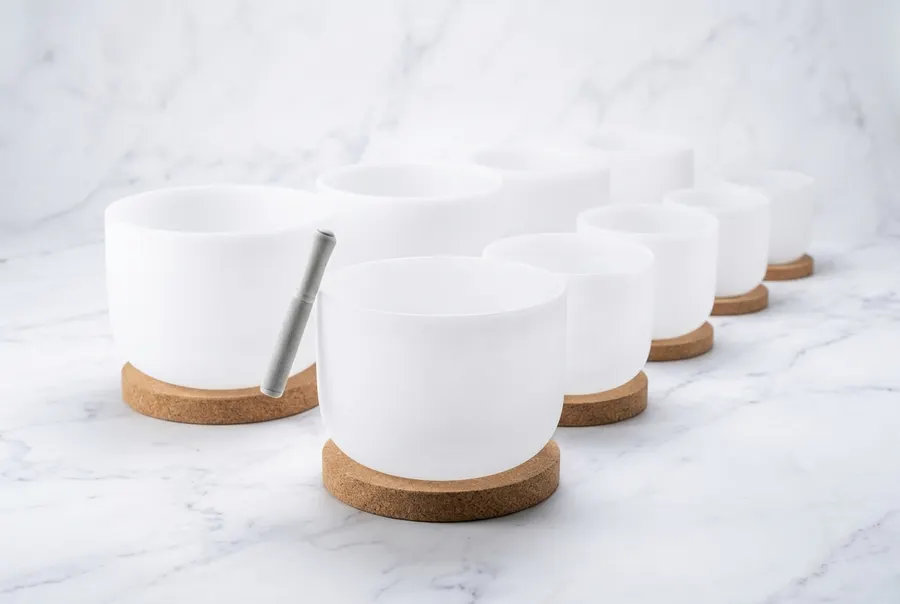 Three frosted quartz crystal singing bowls of graduated sizes arranged in ascending order on a clean surface, the bowls ha...