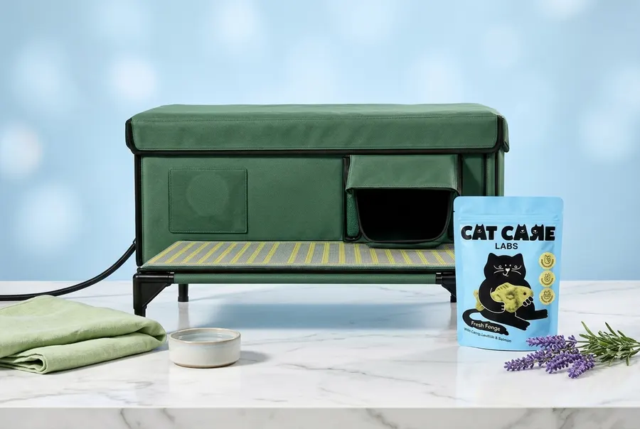 A raised insulated outdoor cat shelter with a waterproof charcoal gray shell and foil-lined interior visible through the e...