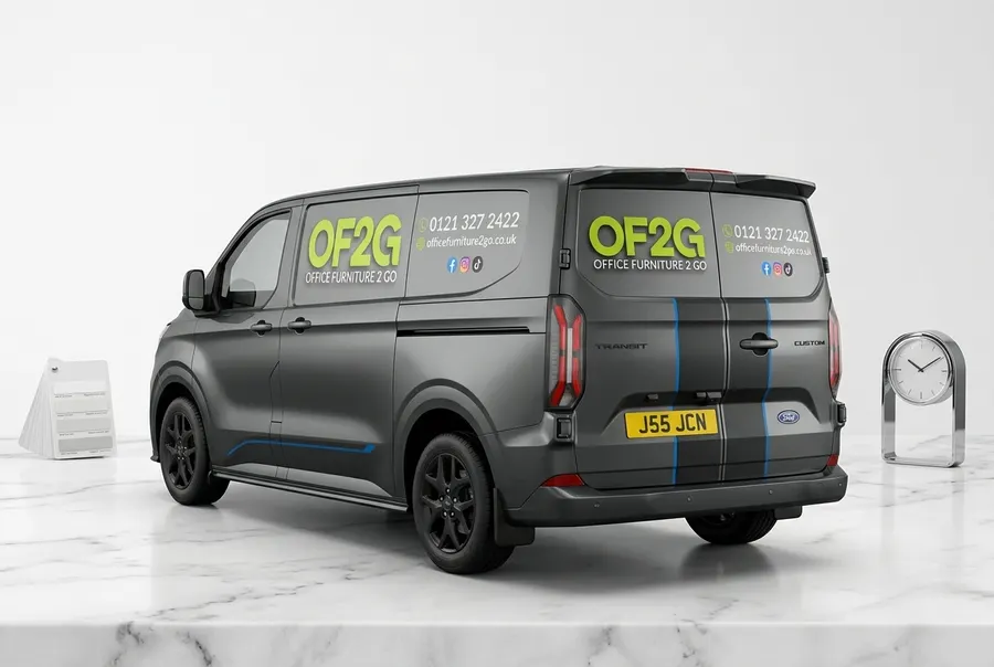 A gloss-black custom-shaped magnetic van sign featuring a business logo, lying flat on a clean white surface in bright eve...