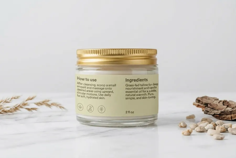 A small frosted glass jar of whipped vanilla bean tallow balm resting on a linen cloth beside one split vanilla bean pod, ...