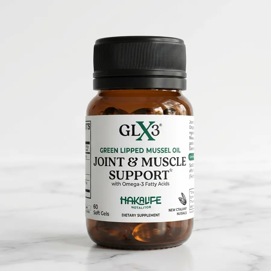 A frosted glass bottle of green lipped mussel oil softgels on a white marble kitchen counter next to a small bowl of fresh...