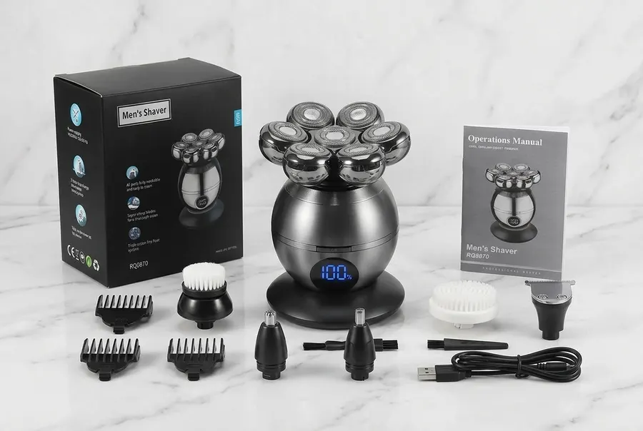 A premium electric rotary skull shaver standing upright centered in frame occupying 60% of frame height, seven independent...