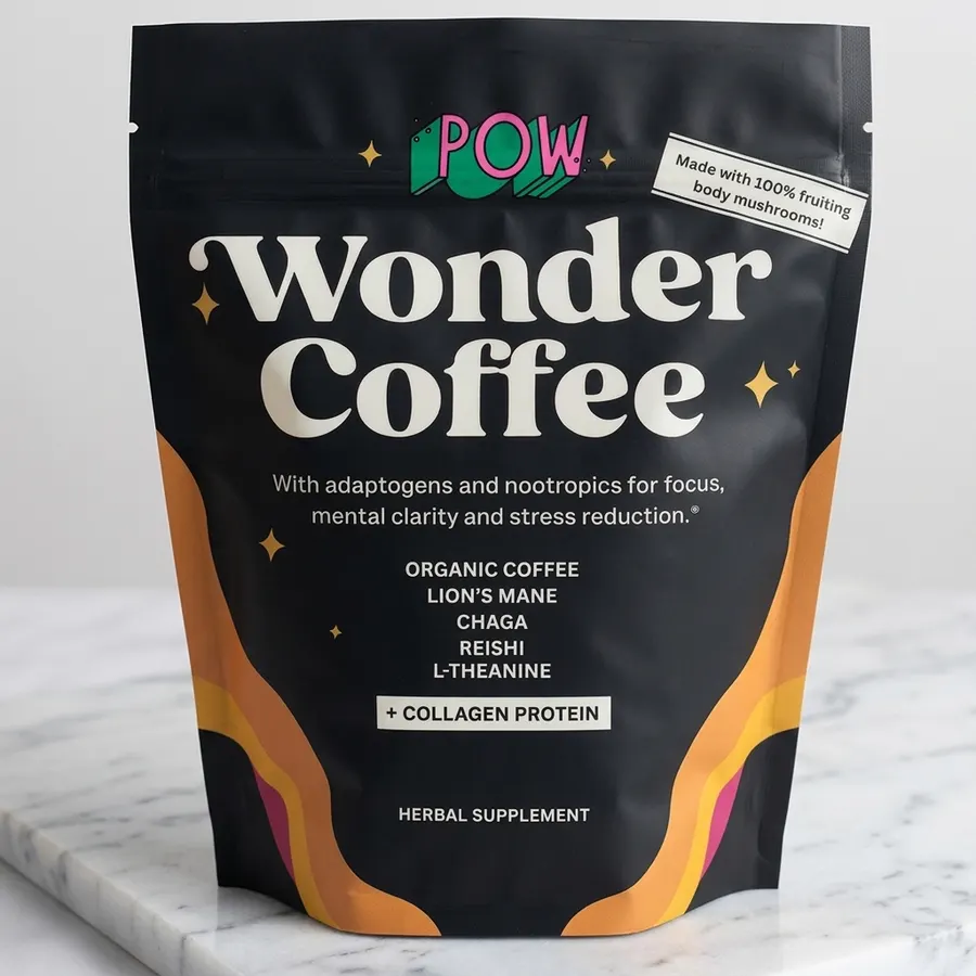 A matte black pouch of mushroom coffee blend next to a clean white ceramic mug on a minimalist kitchen counter, single pot...