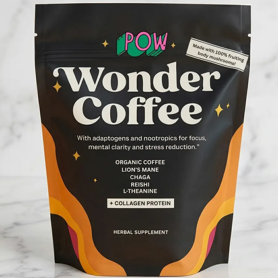 A bag of premium mushroom coffee starter pack positioned on a minimalist wooden surface alongside a steaming mug of rich, ...