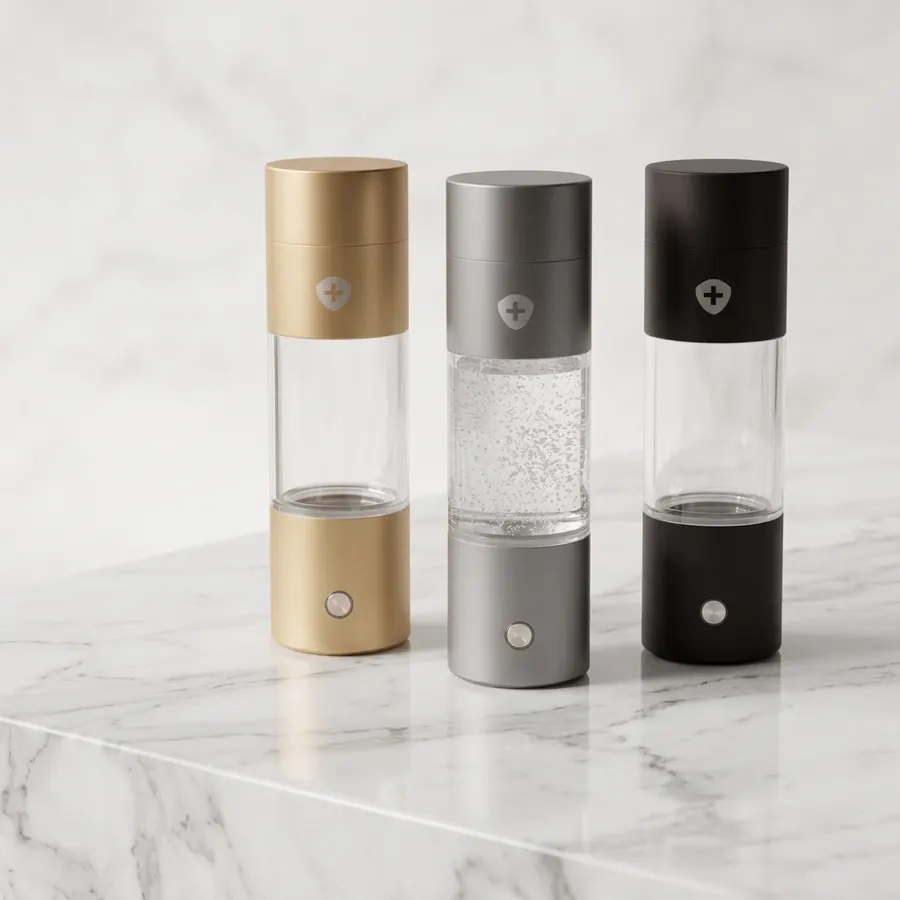 A frosted translucent 350ml hydrogen water bottle with platinum-finished electrode chamber visible through the sidewall, s...