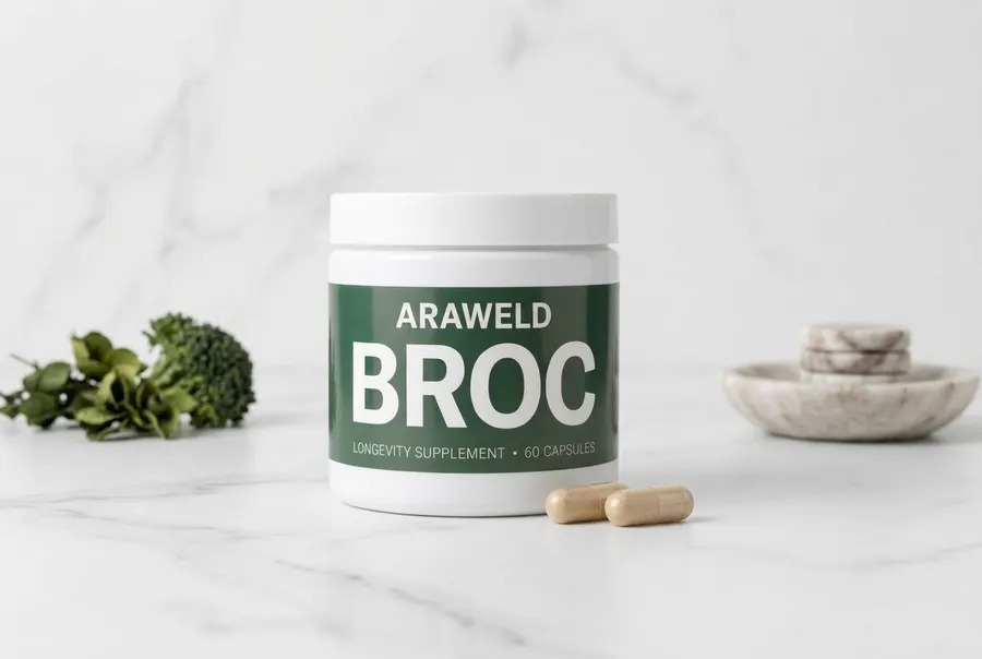 A frosted white supplement bottle of sulforaphane capsules standing upright and centered on a white marble countertop, occ...