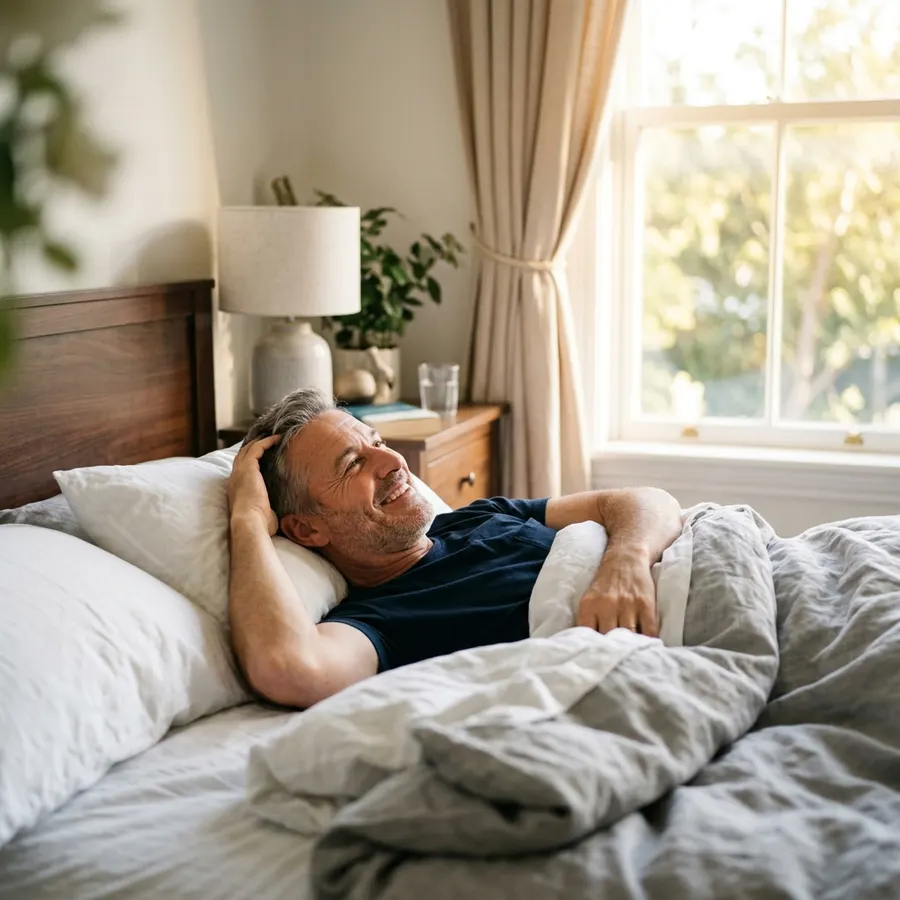 A man in his 50s waking refreshed and smiling in morning sunlight, clearly well-rested after a full night of uninterrupted...