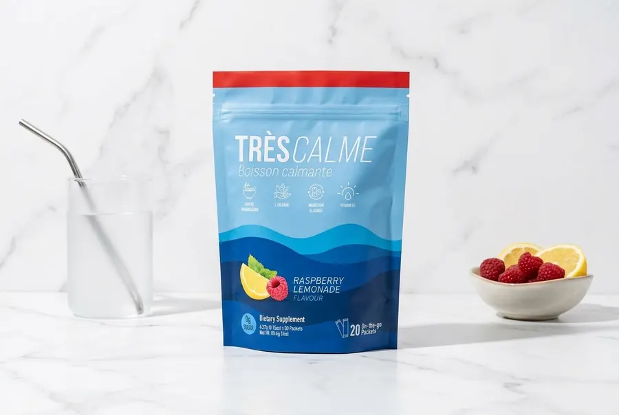 A frosted matte sachet of raspberry lemonade stress-relief drink powder on a clean speckled granite kitchen counter, cente...