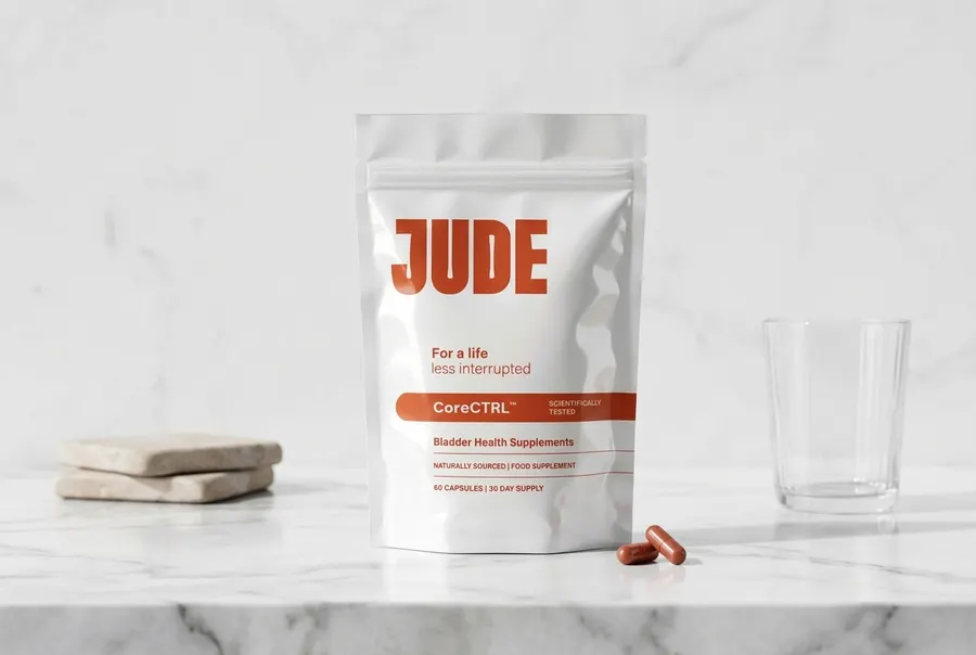 A matte-finish bottle of bladder health supplement standing centered on a pale marble surface with scattered whole pumpkin...