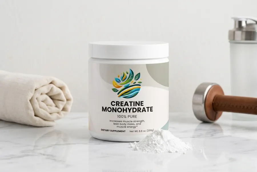 A clear frosted cylindrical tub of creatine monohydrate supplement powder sitting upright and centered on a clean white su...