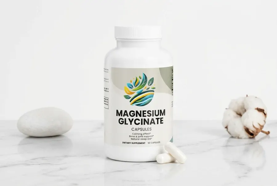 A single frosted white capsule bottle of magnesium glycinate supplement sits centered on a clean marble bathroom counter, ...