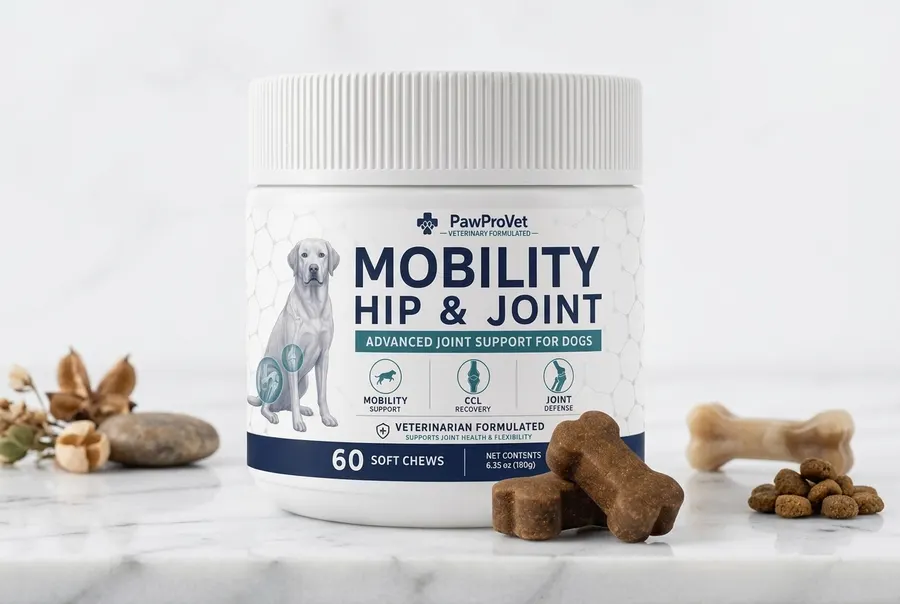 A matte pouch of dog joint supplement chews on a clean kitchen counter next to a coffee mug and a dog leash, soft morning ...