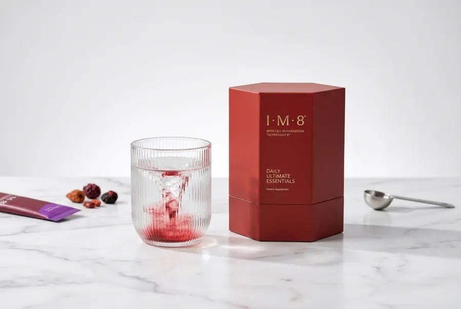 A frosted glass canister of red superfood powder standing upright and centered on a white quartz countertop, occupying 58%...