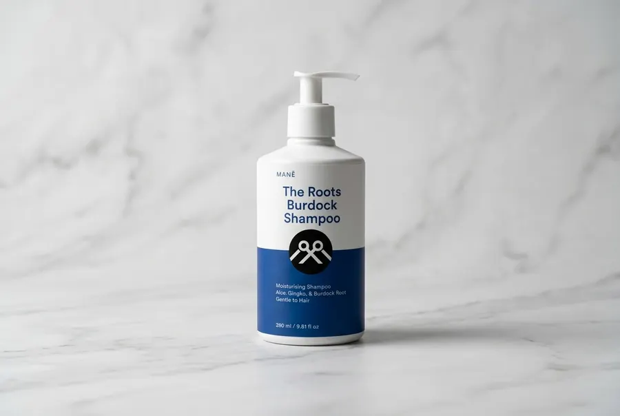 A frosted cylindrical bottle of botanical shampoo with burdock root extract stands upright on a smooth wet stone surface s...