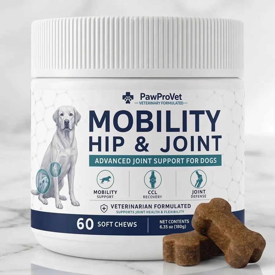 A frosted amber jar of canine joint supplement chews on a clean kitchen counter beside a gray-muzzled dog's water bowl and...