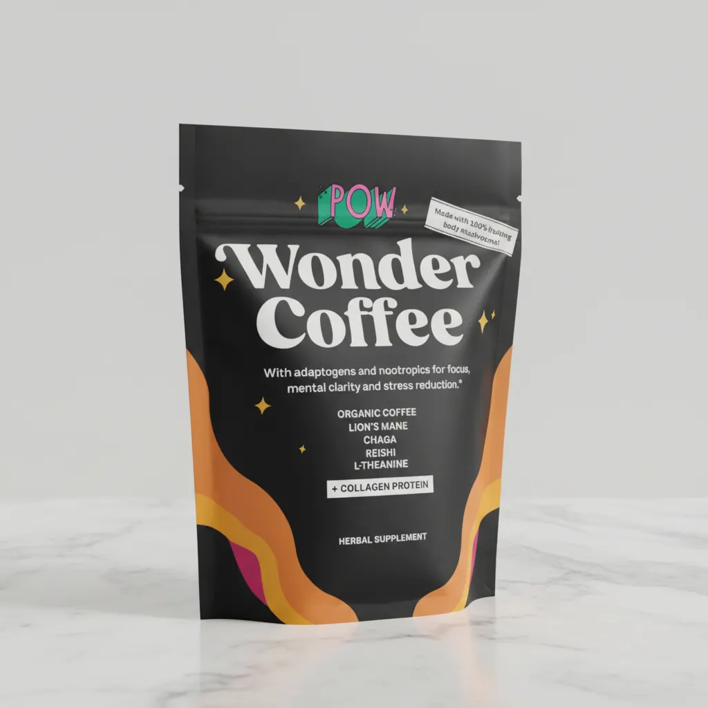 Wonder Coffee Starter Pack on elegant wooden surface with frother and MCT creamer beside it, premium coffee styling, warm ...