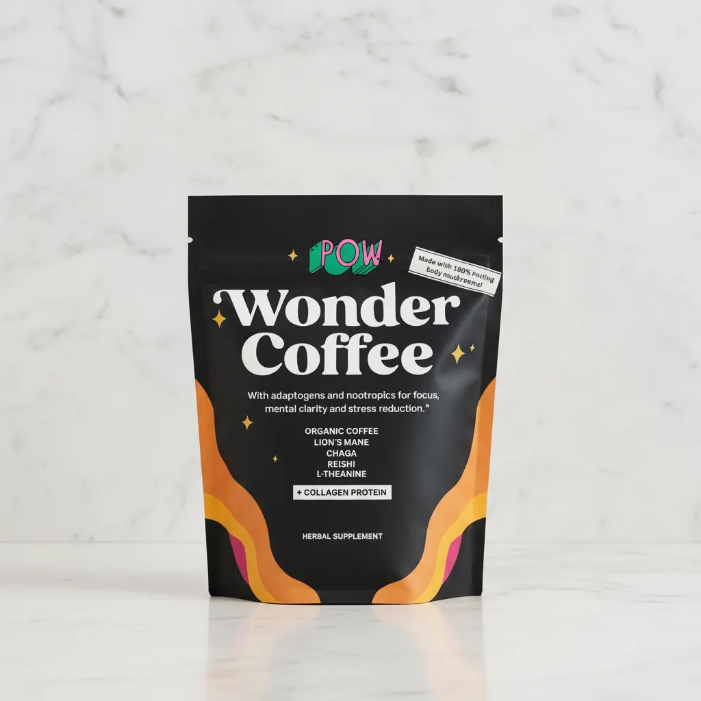 Wonder Coffee Starter Pack product shot: premium bag/jar on neutral background with steam wisping above, professional prod...