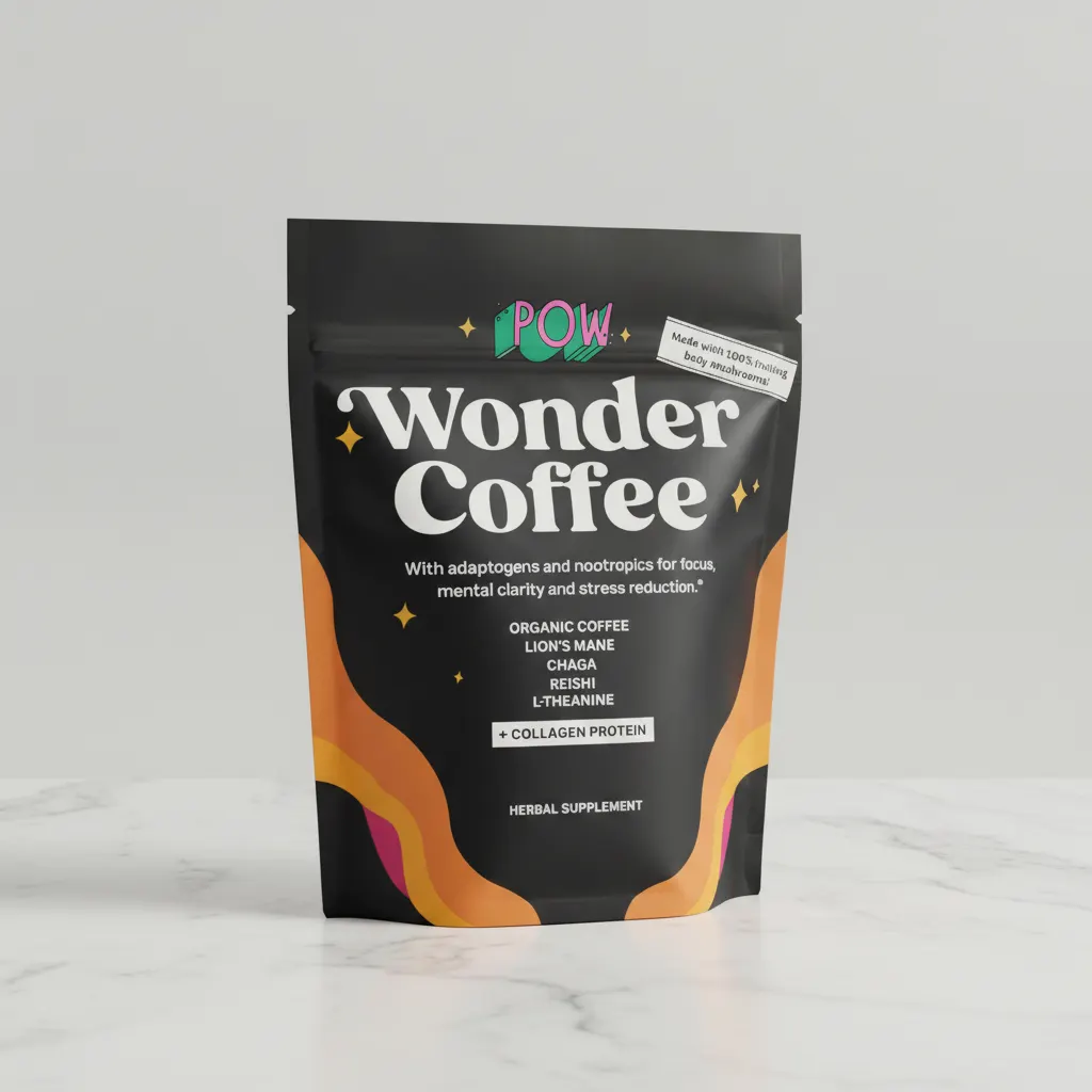 Overhead flat-lay of Wonder Coffee scoop in ceramic cup with hot water, steam rising, morning sunlight, minimalist aesthet...
