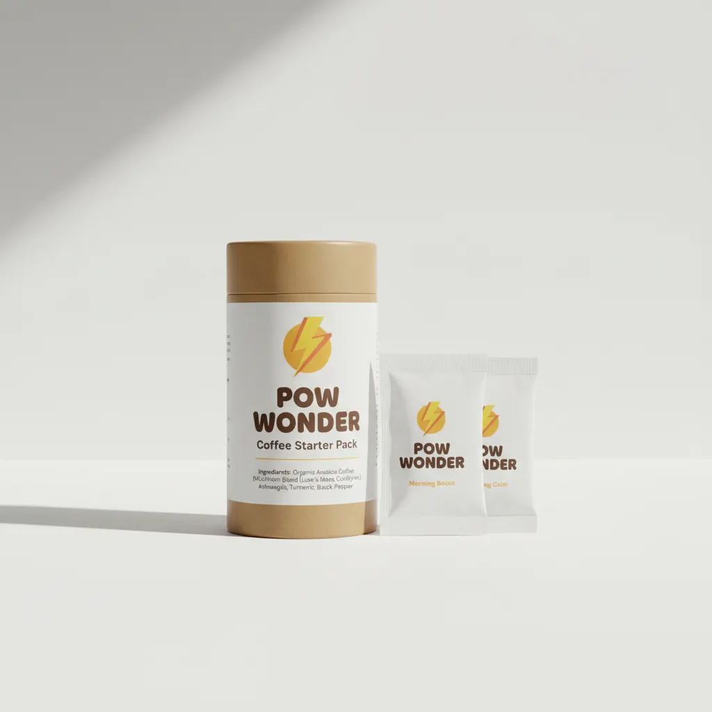 Pow Wonder Coffee Starter Pack on minimalist white surface, clean product photography, packaging clearly visible with ingr...