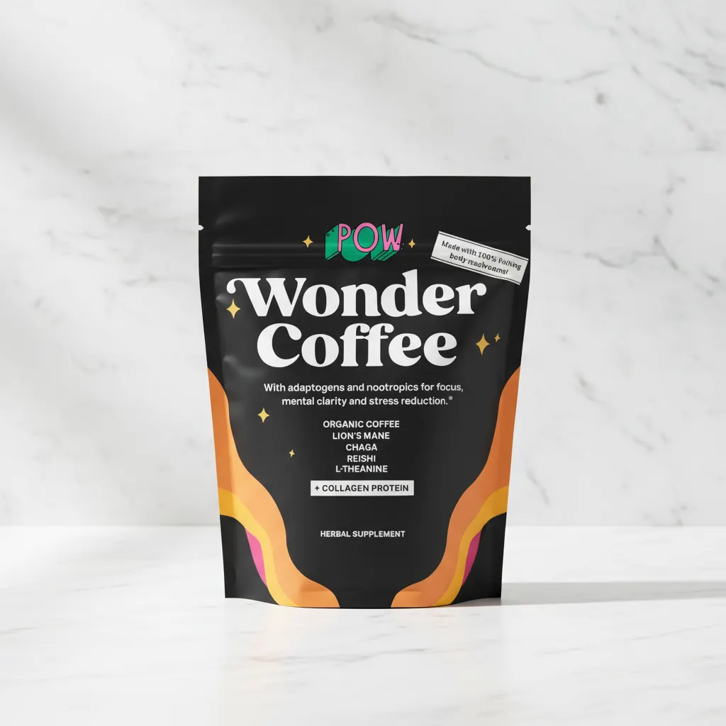 Flat-lay overhead of Wonder Coffee powder in elegant container with wooden measuring scoop, organic coffee beans scattered...