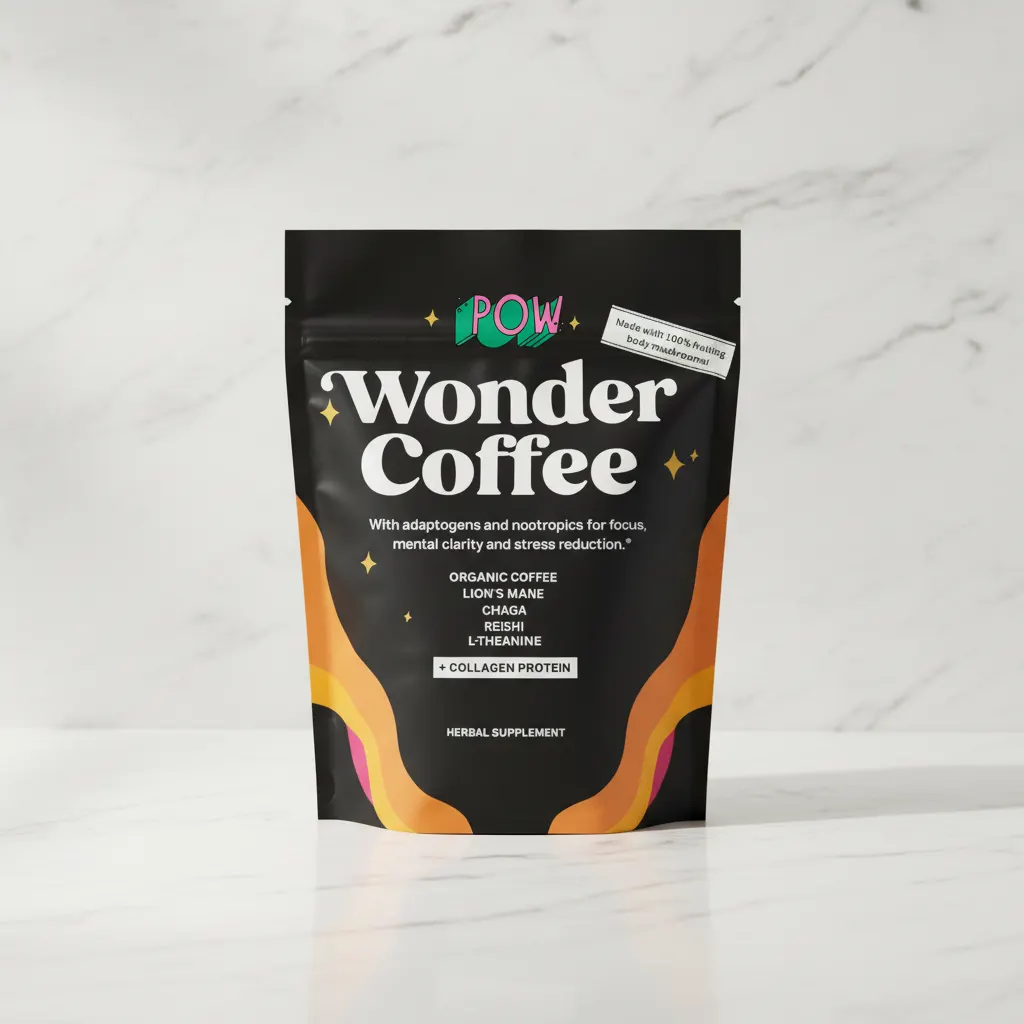 Wonder Coffee starter pack boxes stacked artfully on clean minimalist kitchen counter, morning sunlight, simple honest aes...