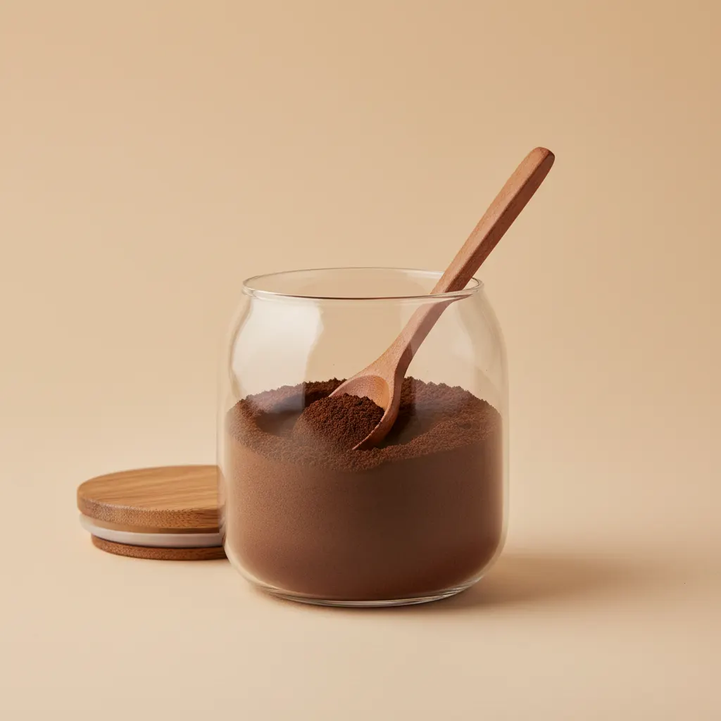Minimalist product photography of premium mushroom coffee powder in elegant glass jar with wooden spoon, clean white or so...