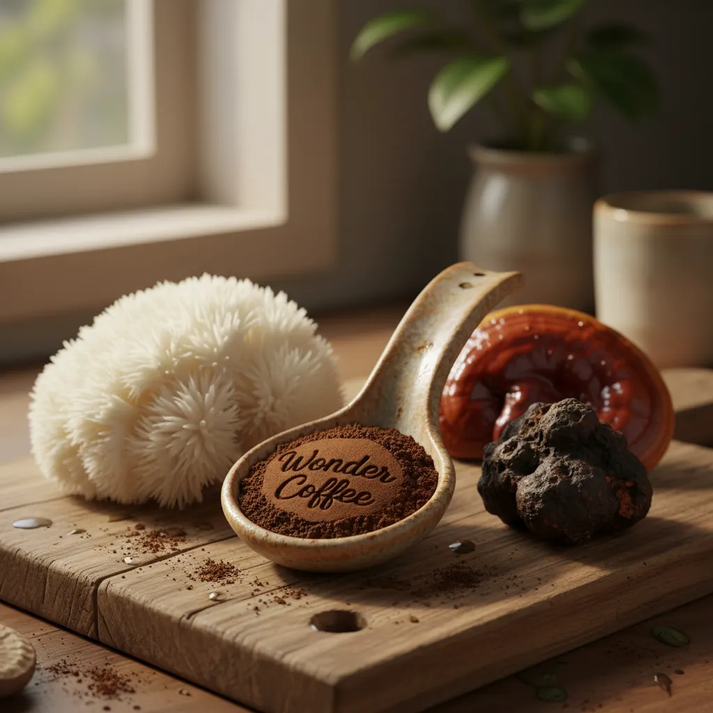Wonder Coffee powder in rustic ceramic spoon with fresh mushrooms (lion's mane, reishi, chaga) artfully arranged nearby on...