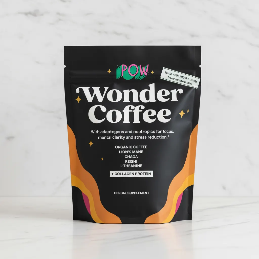 Mushroom coffee powder scoop with visible organic ingredients, lion's mane and chaga extract texture, warm morning kitchen...