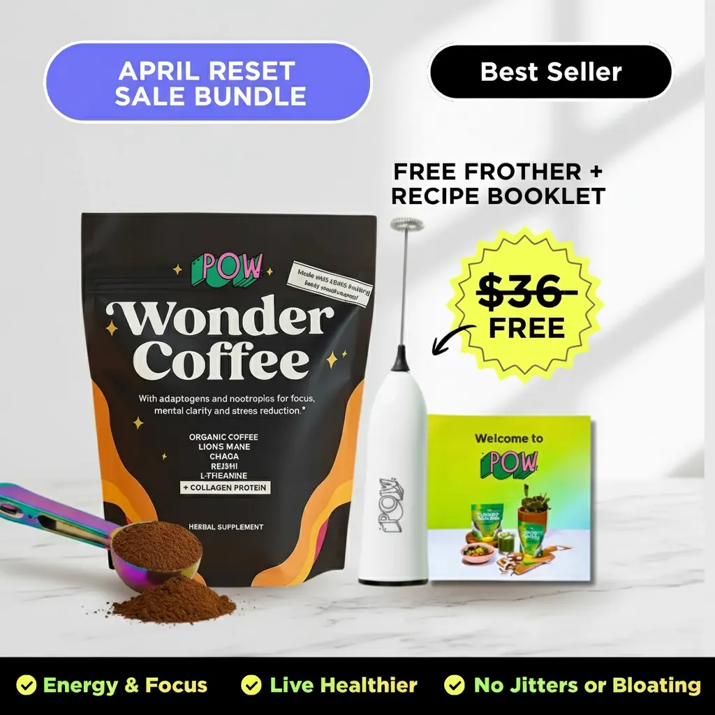 Wonder Coffee mushroom coffee powder in sleek minimalist jar with clean typography label, on white marble surface with sca...