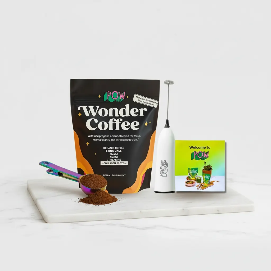Pow Wonder Coffee bag and steaming cup of rich brown coffee on clean modern kitchen counter, morning sunlight, fresh and i...