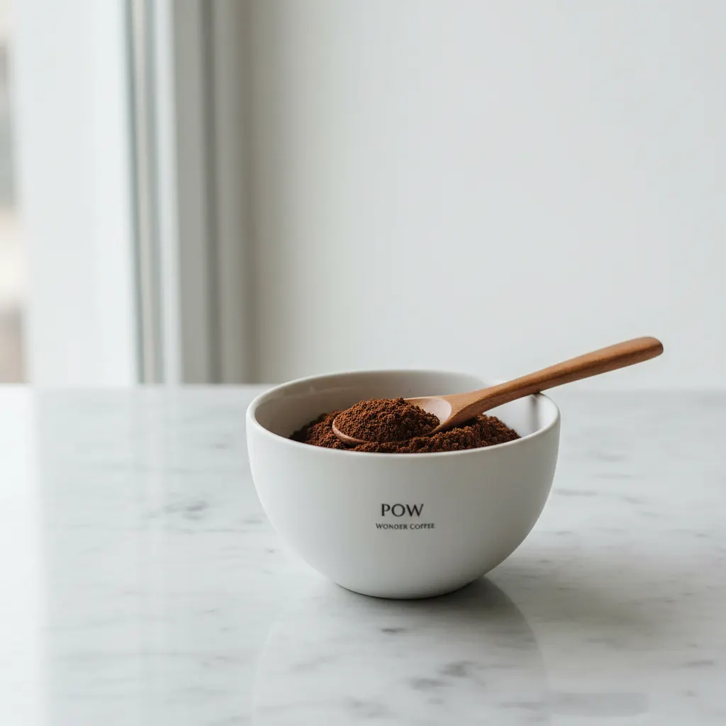 Pow Wonder Coffee powder in minimalist white ceramic bowl with wooden spoon on light marble surface, natural window light ...