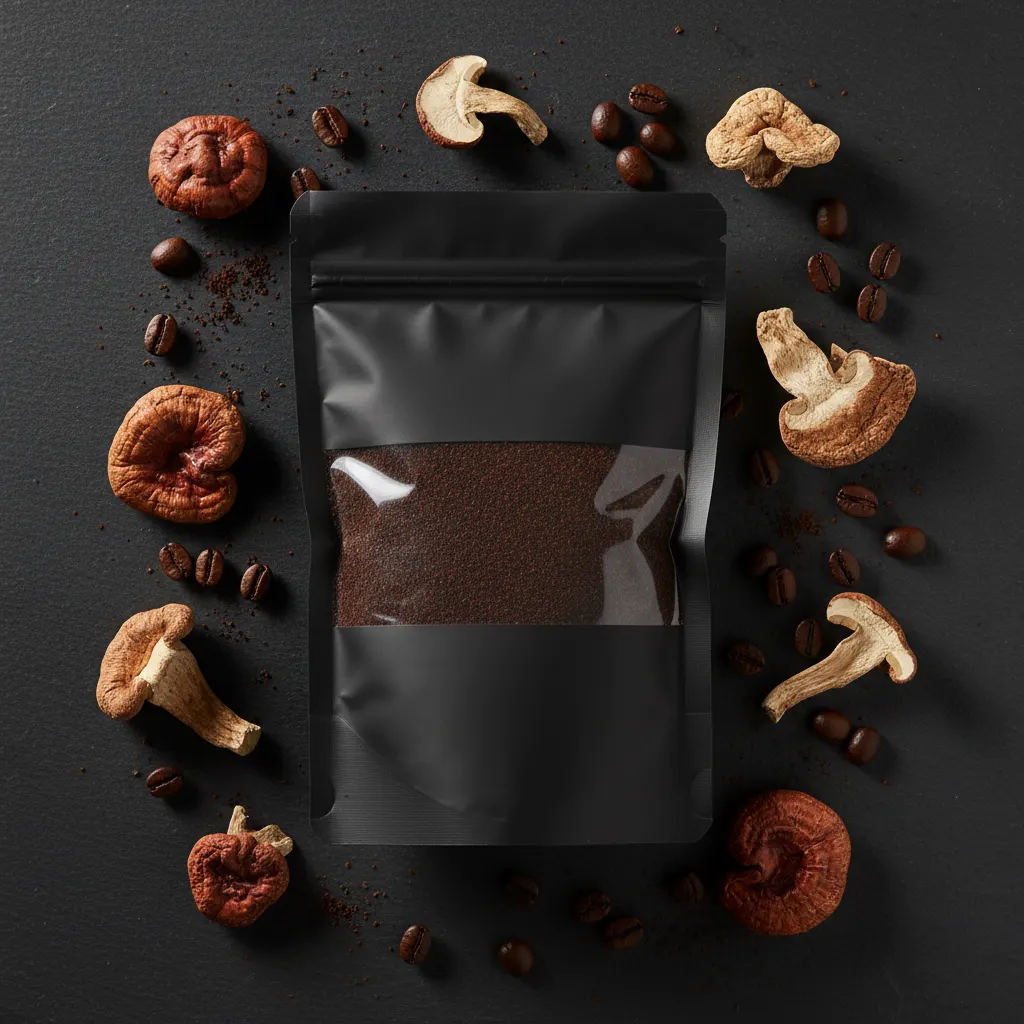 Flat lay of Wonder Coffee powder in premium packaging, rich dark roasted color, artfully arranged with whole mushrooms and...
