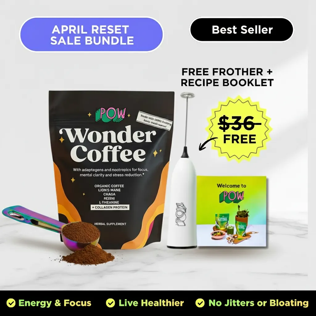 Wonder Coffee Starter Pack minimalist product photography: white or cream background, single pouch or package front-facing...