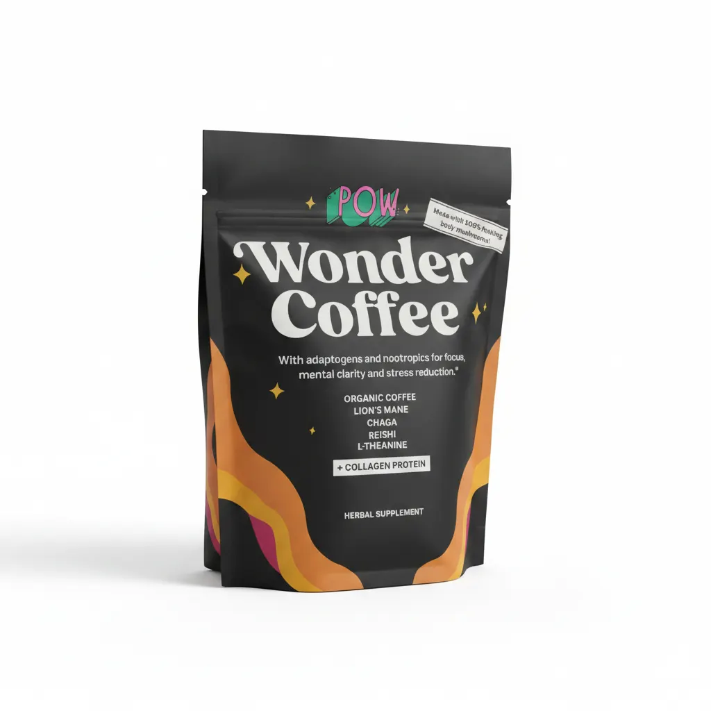 Pow Wonder Coffee Starter Pack on clean white surface, product packaging visible, morning light from side, professional pr...