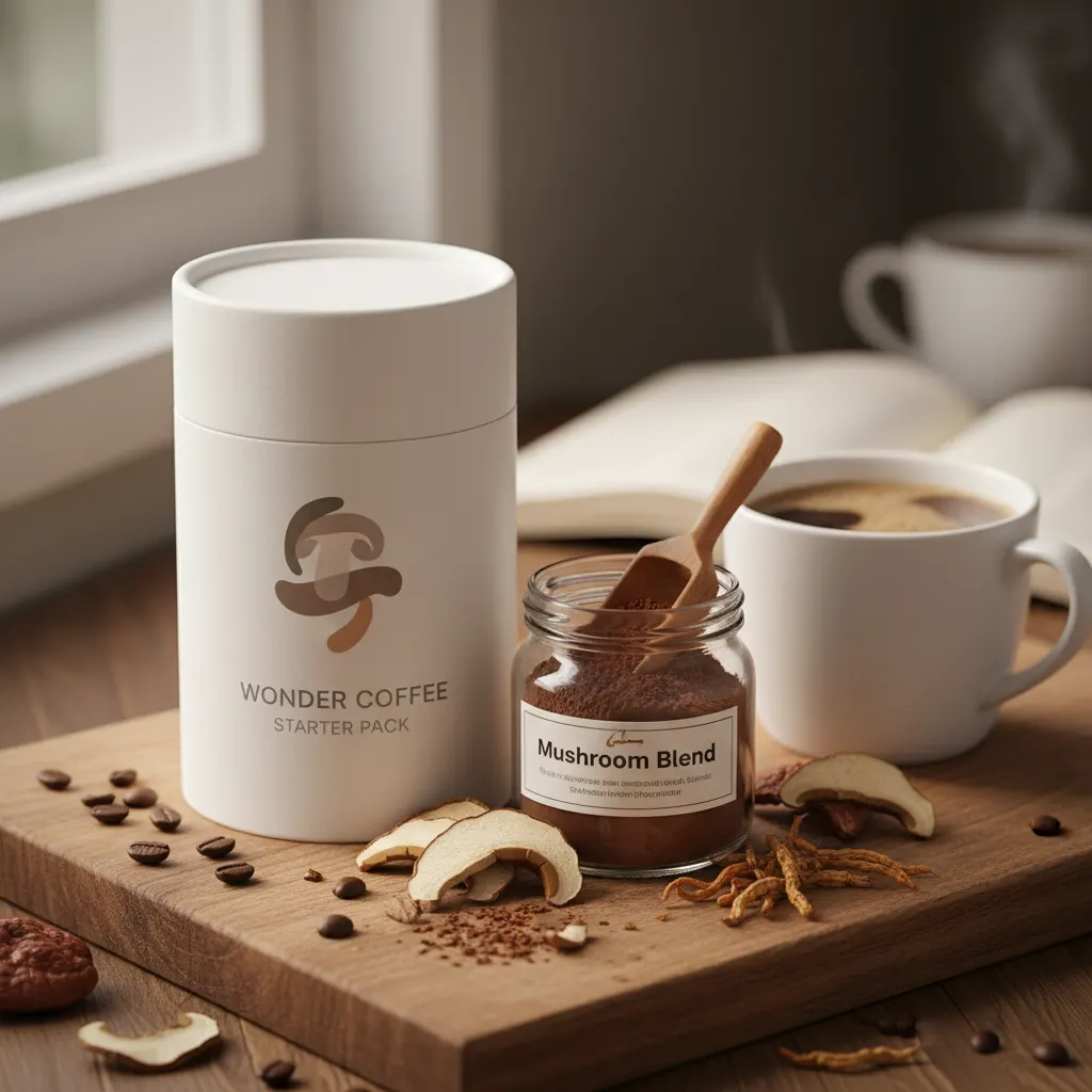 Wonder Coffee Starter Pack product shot—powder in minimalist packaging, mushroom ingredients visible nearby, soft warm lig...